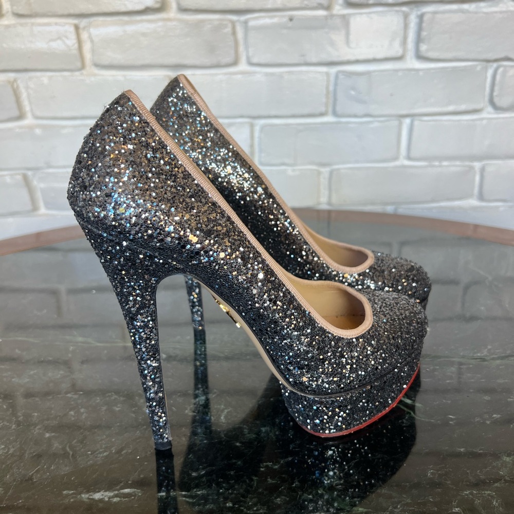 Charlotte Olympia Gun Metal Glitter Slipper Heels